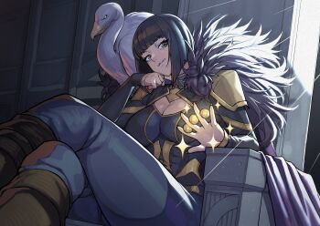 1girl armor bird black_hair black_shirt blue_pants blue_shirt boots brown_boots ceteee21 coin commentary crossed_legs feathered_cape gold_trim green_eyes hand_on_own_cheek hand_on_own_face highres licking_lips looking_at_viewer magic:_the_gathering pants pauldrons rev_(mtg) shirt short_hair shoulder_armor sitting_on_throne solo stone_wall sunlight thick_thighs thighs tongue tongue_out two-tone_shirt vulture