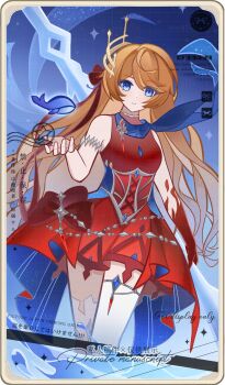 1girl absurdres adddds alternate_costume alternate_hairstyle bare_shoulders blonde_hair blue_eyes breasts chinese_text closed_mouth dress english_text genderswap genderswap_(mtf) genius_invokation_tcg_(style) genshin_impact hair_ornament highres long_hair looking_at_viewer mixed-language_text orange_hair red_dress sleeveless sleeveless_dress solo tartaglia_(genshin_impact) thighhighs watermark whale white_thighhighs