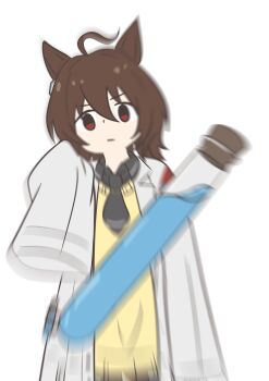 1girl absurdres agnes_tachyon_(tach-nology)_(umamusume) agnes_tachyon_(umamusume) ahoge animal_ears brown_hair chemical_structure earrings hair_between_eyes highres horse_ears horse_girl horse_tail huge_ahoge jewelry koshiba_taiyaki lab_coat long_sleeves looking_at_viewer medium_hair meme necktie red_eyes shirt short_hair short_necktie single_earring sleeves_past_fingers sleeves_past_wrists solo sweater tail test_tube umamusume woe_plague_be_upon_ye_(meme) wolf_cut yellow_sweater