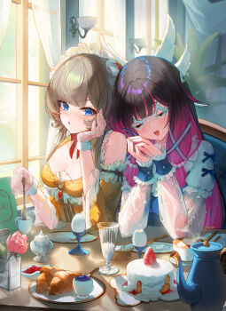 2girls absurdres arm_support bare_shoulders black_hair blue_eyes breasts brown_hair cake cleavage closed_eyes columbina_(genshin_impact) dress food genshin_impact gloves heads_together highres holding holding_spoon indoors lace lace_gloves long_hair long_sleeves looking_at_another multicolored_hair multiple_girls parted_lips pioko purple_hair sandrone_(genshin_impact) see-through_clothes see-through_sleeves sitting smile spoon