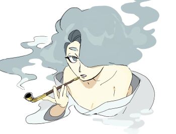 Rule 34 | 1girl, cgr9z, commentary request, enraenra (youkai watch), grey eyes, grey hair, hair over one eye, highres, holding, holding smoking pipe, long hair, looking at viewer, open mouth, simple background, smoking, smoking pipe, solo, upper body, white background, youkai (youkai watch), youkai watch