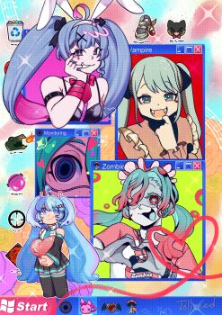 5girls absurdres ahoge animal_ears aqua_eyes aqua_hair aqua_necktie aqua_tongue black_leotard black_ribbon black_shoes black_skirt black_sleeves blue_eyes blue_hair boots breasts collared_shirt colored_eyelashes commentary creator_connection detached_sleeves english_commentary fake_animal_ears fangs frilled_shirt frills full_body gradient_hair hair_ornament hair_ribbon hairband hatsune_miku heart heart-shaped_pupils heart_hair_ornament heart_hands highres holding holding_heart joliseed leotard long_hair long_sleeves mask monitoring_(vocaloid) mouth_mask multicolored_hair multiple_girls necktie pink_eyes pink_hair pink_nails pink_necktie pink_shirt pleated_skirt rabbit_ears rabbit_hole_(vocaloid) ribbon shirt shoes skirt sleeveless sleeveless_shirt symbol-shaped_pupils teardrop_facial_mark thigh_boots two-tone_hair vampire_(vocaloid) very_long_hair vocaloid white_hairband white_shirt window_(computing) x_hair_ornament zombie_(vocaloid)