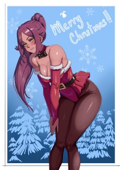 1girl bare_shoulders belt bleach bow breasts christmas christmas_tree collarbone dark-skinned_female dark_skin elbow_gloves emmettart fur_trim gloves hair_ornament highres large_breasts light_blush long_hair looking_at_viewer merry_christmas parted_bangs ponytail purple_hair shihouin_yoruichi shiny_skin snow snowing yellow_eyes