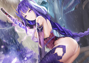 1girl absurdres ass back blurry blurry_background braid breasts cleavage commentary_request detached_sleeves drawing_sword electricity genshin_impact glowing glowing_sword glowing_weapon highres holding holding_sword holding_weapon human_scabbard japanese_clothes katana kimono kokanoko large_breasts long_hair looking_at_viewer looking_to_the_side low-braided_long_hair low-tied_long_hair mitsudomoe_(shape) musou_isshin_(genshin_impact) obi obijime outdoors parted_lips purple_eyes purple_hair purple_kimono purple_thighhighs raiden_shogun rain sash sitting solo sword thighhighs tomoe_(symbol) torn_clothes torn_sleeves torn_thighhighs very_long_hair weapon