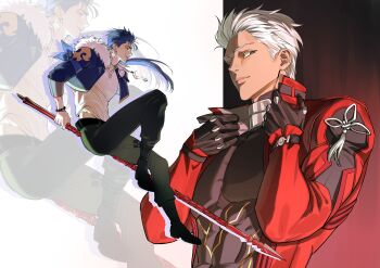 2boys absurdres adjusting_collar archer_(fate) archer_(honkai:_star_rail)_(fate) bead_bracelet beads black_boots black_gloves black_jacket black_pants blue_hair boots bracelet bullet_earrings coat crescent crescent_necklace cropped_jacket cu_chulainn_(fate) cu_chulainn_(honkai:_star_rail)_(fate) cu_chulainn_(lancer)_(fate) dark-skinned_male dark_skin earrings fate/stay_night fate/unlimited_blade_works fate_(series) fur-trimmed_jacket fur_trim gae_bolg_(fate) gloves highres holding holding_polearm holding_weapon honkai:_star_rail honkai_(series) jacket jewelry long_hair looking_at_viewer maysy633 multiple_boys necklace pants polearm ponytail red_coat red_jacket shirt spiked_hair v-neck weapon white_hair white_shirt