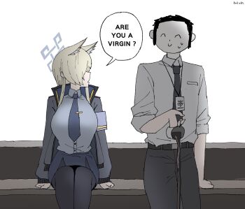 1boy 1girl absurdres animal_ears artist_name black_jacket black_necktie black_pants black_pantyhose blonde_hair blue_archive blue_halo blue_necktie blue_shirt blue_skirt coffee_mug commentary cup dog_ears dog_girl doodle_sensei_(blue_archive) english_text halo highres holding holding_cup jacket kai_xin kanna_(blue_archive) long_hair looking_at_another mug necktie open_clothes open_jacket pants pantyhose pencil_skirt ranguage schale_logo sensei_(blue_archive) shirt simple_background sitting skirt spilling symbol-only_commentary white_background white_shirt