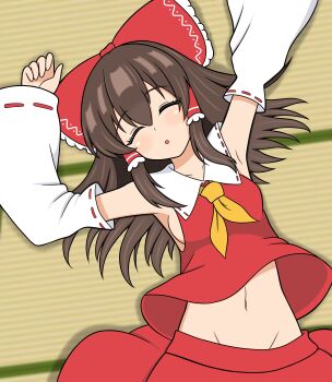 1girl absurdres ascot bow breasts brown_hair closed_eyes commentary_request detached_sleeves facing_viewer frilled_bow frilled_hair_tubes frills groin hair_bow hair_tubes hakurei_reimu highres long_hair lying midriff navel no_bra on_back open_mouth red_bow red_skirt ribbon-trimmed_sleeves ribbon_trim sideboob skirt skirt_set sleeping solo tatami touhou yellow_ascot yoshio_hentai