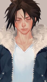 Rule 34 | 1boy, black jacket, brown hair, closed eyes, collarbone, commentary request, final fantasy, final fantasy viii, fur-trimmed jacket, fur trim, grey background, jacket, male focus, no necklace, scar, scar on face, shirt, short hair, solo, squall leonhart, t-shirt, u-min, upper body, v-neck, white shirt