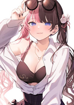 1girl absurdres adjusting_eyewear animal_print armpit_crease black-framed_eyewear black_bow black_bra black_hair black_skirt blue_eyes blush bow bra breasts cleavage clothes_writing collarbone collared_shirt commentary curly_hair ear_piercing earrings english_text eyewear_lift eyewear_on_head fake_nails gold_necklace heart heart_necklace heart_pendant high-waist_skirt highres iris_black_games jewelry long_sleeves looking_at_viewer medium_breasts multicolored_hair nail_art nail_polish necklace nontraditional_playboy_bunny off_shoulder open_clothes open_shirt parted_lips piercing pink_hair plaid_clothes plaid_skirt rabbit_print shirt simple_background single_bare_shoulder skirt sleeves_past_wrists smile solo split-color_hair sunglasses symbol-only_commentary tachibana_hinano twintails two-tone_hair underwear virtual_youtuber vspo! white_background white_shirt yuzutouhu_ika