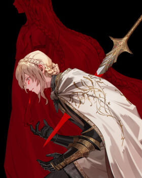 Rule 34 | 1boy, 1girl, androgynous, armor, black armor, black background, blood, bloody tears, bloody weapon, braid, cape, closed mouth, commentary request, crown braid, elden ring, elden ring: shadow of the erdtree, from side, gauntlets, gold trim, grey eyes, highres, jiro (ninetysix), knight, long hair, miquella (elden ring), needle knight leda, profile, short hair, simple background, sword, tunic, very long hair, weapon, white cape