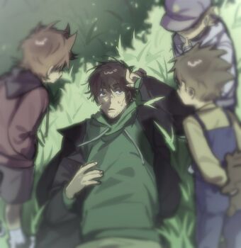 4boys age_difference aged_down animification baseball_cap beard_stubble black_coat blue_overalls blurry blurry_foreground brown_hair child coat commentary edd_(eddsworld) eddsworld english_commentary facial_hair future_edd_(eddsworld) giotletranly grass green_hoodie hair_ears hat highres holding holding_stuffed_toy hood hood_down hoodie long_sleeves lying male_focus matt_(eddsworld) mature_male multiple_boys official_alternate_costume on_back open_clothes open_coat orange_hair outdoors overalls purple_hat purple_hoodie red_hoodie shirt short_hair shorts spiked_hair stubble stuffed_animal stuffed_toy teddy_bear time_paradox tom_(eddsworld) tomee_bear_(eddsworld) tord_(eddsworld) yellow_shirt