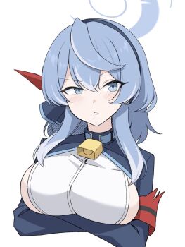 1girl ako_(blue_archive) armband arms_under_breasts bell blue_archive blue_eyes blue_hair blue_hairband blue_jacket blush breasts commentary cropped_torso crossed_arms ee_doyomeki hairband halo jacket large_breasts long_sleeves looking_at_viewer neck_bell parted_lips raised_eyebrows red_armband shirt solo white_background white_shirt