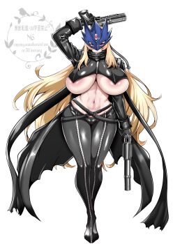1girl absurdres beelstarmon black_gloves blonde_hair breasts closed_mouth cropped_jacket digimon digimon_(creature) female_focus full_body gggg gloves gun highres holding holding_gun holding_weapon jacket large_breasts leather leather_jacket leather_pants long_hair looking_at_viewer mask navel pants purple_eyes shiny_skin stomach third_eye underboob watermark weapon wide_hips