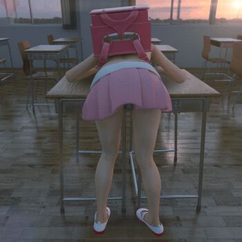 1girl 3d animated animated_gif backpack bag bare_shoulders bent_over chair classroom desk evening female_focus from_behind full_body indoors kneepits libidorce lying on_desk on_stomach panties petite pink_skirt pleated_skirt randoseru school_chair school_desk shoes sitting skirt solo underwear uwabaki white_shoes window wooden_floor