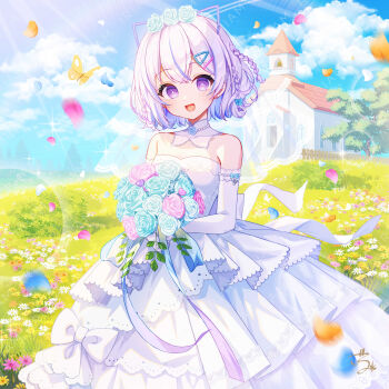 Rule 34 | 1girl, absurdres, animal ear hairband, animal ears, bare shoulders, bell, blue bow, blue bowtie, blue flower, bouquet, bow, bowtie, braid, bridal veil, bug, building, butterfly, cat ear hairband, cat ears, church, church bell, cloud, cloudy sky, collar, commentary request, detached collar, dress, elbow gloves, fake animal ears, falling petals, fence, flower, frilled dress, frills, gloves, goroo (eneosu), grass, hair bow, hair flower, hair ornament, hairband, hairclip, highres, holding, holding bouquet, insect, iriam, lens flare, light rays, miria (iriam), neck flower, open mouth, outdoors, petals, pink flower, purple eyes, purple hair, short hair, sky, solo, stairs, strapless, strapless dress, tree, triangle hair ornament, veil, watermark, watermark grid, wedding dress, white bow, white collar, white dress, white flower, yellow flower
