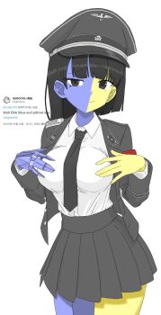1girl armband black_cat03 black_hair black_jacket black_necktie black_skirt blue_skin breasts closed_mouth collared_shirt colored_skin ena_(ena) ena_(series) hat highres jacket large_breasts medium_hair military_dress_uniform military_hat military_jacket military_uniform nazi necktie peaked_cap pleated_skirt red_armband screenshot_inset shirt shirt_tucked_in skirt smile solo split-color_skin ss_insignia swastika totenkopf waffen-ss white_background white_shirt yellow_skin