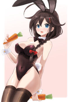 1girl animal_ear_hairband animal_ears bare_shoulders black_leotard black_thighhighs breasts carrot cleavage commentary_request detached_collar fake_animal_ears fake_tail hairband kantai_collection kitagawa_mikio leotard long_hair looking_at_viewer medium_breasts open_mouth pink_background playboy_bunny rabbit_ear_hairband rabbit_ears rabbit_tail shigure_(kancolle) shigure_kai_ni_(kancolle) strapless strapless_leotard tail thighhighs white_background wrist_cuffs