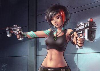 1girl 2016 abs belt belt_buckle black_hair black_shirt body_markings breasts buckle commission dog_tags dual_wielding earrings fingerless_gloves gloves glowing glowing_tattoo gun holding jewelry junee_assayaka laser laser_sight maxa&#039; metal midriff multicolored_hair navel original red_eyes red_hair science_fiction shadow shirt short_hair signature small_breasts solo streaked_hair tank_top tattoo toned weapon