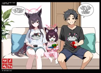 1boy 2girls animal_ear_fluff animal_ears animal_print barefoot black_hair black_shirt blue_archive blue_shorts blush cat_print child closed_mouth coffee_mug colored_inner_hair commentary controller couch cup english_commentary english_text father_and_daughter fox_ears fox_girl grin hair_between_eyes highres holding holding_cup holding_remote_control holding_toy if_they_mated long_hair melissa_v2 mother_and_daughter mug multicolored_hair multiple_girls on_couch pants parted_bangs pink_pants pink_shirt remote_control sensei_(blue_archive) sensei_(blue_archive_the_animation) shirt shorts sidelocks sitting smile toy toy_gun two-tone_hair white_shirt yukino_(blue_archive)