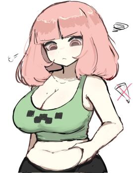 1girl :d alternate_costume annoyed arms_up belly black_shorts black_thighhighs breasts cleavage creeper danganronpa_(series) danganronpa_2:_goodbye_despair from_side green_shirt jacket large_breasts long_hair looking_down m3link medium_hair minecraft mole mole_on_breast nanami_chiaki open_mouth pink_hair shirt shorts simple_background smile thighhighs