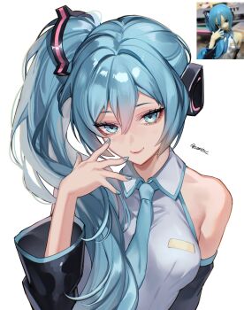 1girl aqua_eyes aqua_hair aqua_nails bare_shoulders breasts commentary_request detached_sleeves grey_shirt hatsune_miku highres long_hair looking_at_viewer medium_breasts meme reference_inset sakichka shirt side_ponytail sidetail_miku_noodle_stopper_(meme) simple_background smile solo twitter_username upper_body very_long_hair vocaloid white_background