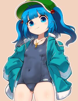 1girl alternate_costume blue_hair blue_shirt blush breasts brown_background newsboy_cap closed_mouth commentary_request cowboy_shot green_hat grey_one-piece_swimsuit hair_bobbles hair_ornament hands_in_pockets hat highres jewelry kawashiro_nitori key key_necklace looking_at_viewer medium_hair necklace one-piece_swimsuit open_clothes open_shirt school_swimsuit shirt simple_background small_breasts smile solo swimsuit touhou two_side_up uisu_(noguchipint)