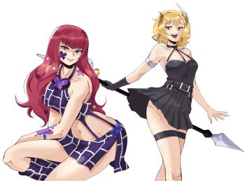 2girls absurdres bad_link bare_shoulders belt black_belt black_choker black_dress black_gloves blonde_hair boots breasts butterfly_ornament choker citrinne_(fire_emblem) commentary commission cosplay crop_top dress facial_mark fire_emblem fire_emblem_engage gloves hair_ornament halter_dress halterneck highres holding holding_polearm holding_weapon jojo_no_kimyou_na_bouken kneeling kujo_jolyne_(cosplay) kuujou_jolyne large_breasts long_hair looking_at_viewer medium_breasts midriff miniskirt multiple_girls navel nintendo o-ring_dress open_mouth pleated_dress polearm purple_boots purple_skirt purple_tank_top red_eyes red_hair second-party_source short_dress side_slit single_glove skirt smile spider_web_print star_(symbol) star_hair_ornament stone_ocean tank_top thigh_strap ubel_(sousou_no_frieren) ubel_(sousou_no_frieren)_(cosplay) wanderjegson weapon white_background yunaka_(fire_emblem)