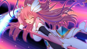 1girl armor blush bodysuit breasts closed_eyes en_ciel_rena en_ciel_rena_(aegis) faulds floating_hair game_cg gauntlets gloves hair_between_eyes hair_ornament hair_ribbon holding holding_polearm holding_weapon kourin_tenshi_en_ciel_rena large_breasts large_variant_set long_hair magical_girl non-web_source official_art open_mouth pink_hair polearm purple_ribbon ribbon saitou_natsuki solo spear suhamaya tomoe_rena vambraces variant_set weapon