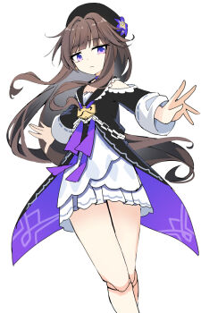 1girl beret black_hat black_jacket blunt_bangs brown_hair chain closed_mouth colored_inner_hair commentary_request cowboy_shot doll_joints dress e.o. floating_hair flower grey_hair hands_up hat hat_flower hat_ornament herta_(honkai:_star_rail) herta_(puppet)_(honkai:_star_rail) honkai:_star_rail honkai_(series) jacket joints keyhole long_hair long_sleeves looking_at_viewer multicolored_hair purple_eyes purple_flower purple_jacket sailor_collar sidelocks simple_background solo standing two-sided_fabric two-sided_jacket wavy_hair white_background white_dress wide_sleeves