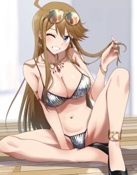 1girl ahoge bikini black_shoes blue_eyes breasts brown_hair cleavage eyewear_on_head green_eyes grin hashtag-only_commentary highres idolmaster idolmaster_million_live! idolmaster_million_live!_theater_days large_breasts legs long_hair run_p_(aveton) shoes silver_bikini sitting smile solo sunglasses swimsuit tokoro_megumi