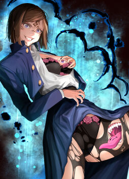 1girl aura black_bra black_panties black_pantyhose blue_jacket blue_skirt bob_cut bra breasts brown_hair extra_eyes extra_mouth grabbing_own_breast grin highres jacket jujutsu_kaisen kugisaki_nobara long_skirt long_sleeves looking_at_viewer panties pantyhose purple_eyes ryoumen_sukuna_(jujutsu_kaisen) shiratama_(monster1553) skirt smile solo torn_clothes torn_pantyhose underwear what wide-eyed