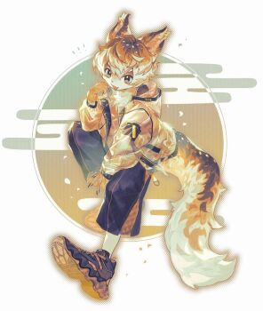 1boy body_fur cat_boy claws commentary egasumi fang fuji_166 full_body furry furry_male jacket looking_at_viewer male_focus orange_background orange_fur orange_hair orange_jacket original shoes short_hair sneakers solo symbol-only_commentary tail