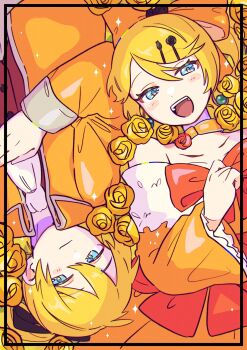 Rule 34 | aku no meshitsukai (vocaloid), aku no musume (vocaloid), allen avadonia, ascot, bare shoulders, black flower, black rose, blonde hair, blue eyes, blush stickers, bow, brother and sister, brown vest, choker, coat, collarbone, collared coat, collared jacket, commentary request, dress, dress bow, evillious nendaiki, field, flower, flower field, frilled sleeves, frills, hair bow, hair ornament, hairclip, half-closed eyes, hand on own chest, high ponytail, highres, jacket, kagamine len, kagamine rin, looking at viewer, lying, off-shoulder dress, off shoulder, on back, open clothes, open coat, open jacket, orange bow, orange ribbon, parallel hairclips, ponytail, ribbon, riliane lucifen d'autriche, rose, rotational symmetry, short hair, short ponytail, siblings, sidelocks, smile, swept bangs, tentekomen, twins, updo, vest, vocaloid, waist ribbon, white ascot, wide sleeves, yellow choker, yellow coat, yellow dress, yellow flower, yellow jacket, yellow rose