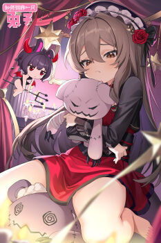 2girls @_@ absurdres animal_ears bare_legs barefoot beret black_hair black_hat black_jacket black_leotard blurry blurry_foreground blush brown_eyes brown_hair candle closed_mouth commentary_request curtains demon_girl demon_horns demon_tail demon_wings depth_of_field dress fire flower hat highres holding holding_polearm holding_weapon horns hugging_object jacket jliaan leotard long_hair long_sleeves mini_person minigirl mirror multiple_girls original polearm rabbit_ears red_dress red_eyes red_flower red_rose red_wings rose stitches stuffed_toy tail trident very_long_hair weapon wings