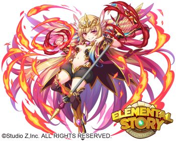 Rule 34 | 1girl, absurdly long hair, black pants, black thighhighs, brown hair, commentary request, copyright name, copyright notice, edamame senpai, elemental story, evil grin, evil smile, fire, full body, grin, hair wings, holding, holding staff, long hair, looking at viewer, lorelei the spirit of ruin, navel, official art, pants, pyrokinesis, red eyes, revealing clothes, slit pupils, smile, solo, staff, thighhighs, very long hair