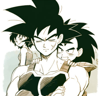 Rule 34 | 1girl, 2boys, armor, bardock, black hair, blush, closed eyes, collarbone, dragon ball, father and son, furrowed brow, gine, happy, husband and wife, long hair, looking back, messy hair, mother and son, multiple boys, muscular, muscular male, pauldrons, petagon, raditz, saiyan, saiyan armor, sanpaku, scar, scar on face, shoulder armor, tsurime, white background, widow's peak