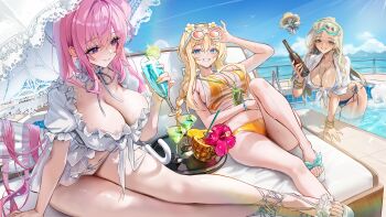 3girls absurdres bandaid bandaid_on_face bandaid_on_nose bikini blonde_hair blue_bikini blue_eyes blue_sky blush bottle bracelet braid breasts centi_(nikke) choker cleavage closed_mouth cloud cloudy_sky cup day dorothy_(nikke) dorothy_(serendipity)_(nikke) drink earrings eyewear_on_head flower food frilled_bikini frilled_choker frills fruit goddess_of_victory:_nikke grin hibiscus highres holding holding_bottle holding_cup holding_umbrella hoop_earrings huge_breasts jewelry korean_commentary lime_(fruit) lime_slice long_hair mell_(dmwe3537) mixed-language_commentary mountainous_horizon multiple_girls neck_ribbon necklace orange-tinted_eyewear outdoors parasol pineapple pineapple_slice pink_eyes pink_flower pink_hair pool ribbon sandals shirt sky smile sunglasses swimsuit thighs tinted_eyewear tove_(nikke) tray umbrella white-framed_eyewear white_bikini white_choker white_ribbon white_sandals white_shirt white_wings wings yellow_bikini