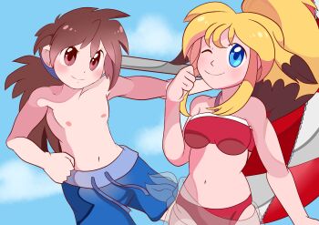1boy 1girl banpresto beach bikini blue_male_swimwear blue_swim_trunks commentary drawstring highres male_swimwear md5_mismatch mega_man_(series) mega_man_battle_network mega_man_battle_network_(series) megaman.exe midriff namco_x_capcom navel nipples ponytail project_x_zone project_x_zone_2 red_bikini resolution_mismatch saito source_larger super_robot_wars super_robot_wars_og_saga_mugen_no_frontier swim_trunks swimsuit topless_male xiaomu
