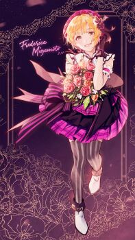 1girl adirosa black_gloves blonde_hair boots bouquet character_name dress flower full_body gloves hat highres holding holding_bouquet idolmaster idolmaster_cinderella_girls looking_at_viewer miyamoto_frederica short_hair smile solo striped_clothes striped_thighhighs thighhighs vertical-striped_clothes vertical-striped_thighhighs