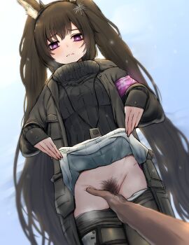 1girl animal_ear_fluff animal_ears arknights armband black_hair black_jacket black_pantyhose blush clothes_lift commentary_request gloves half_gloves hand_between_thighs highres jacket lifting_own_clothes long_hair long_sleeves looking_at_viewer monch_(arknights) pantyhose pink_armband pov pubic_hair purple_eyes pussy_juice reber skirt skirt_lift sweater twintails very_long_hair white_skirt
