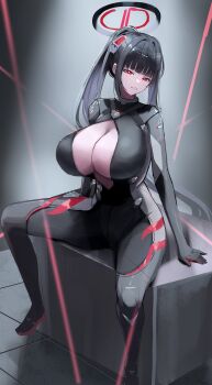 1girl 96mako absurdres black_bodysuit black_hair blue_archive blunt_bangs bodysuit breasts commentary halo highres huge_breasts long_hair multicolored_halo official_alternate_costume open_bodysuit open_clothes ponytail red_eyes rio_(armed)_(blue_archive) rio_(blue_archive) sitting skin_tight spread_legs two-tone_halo