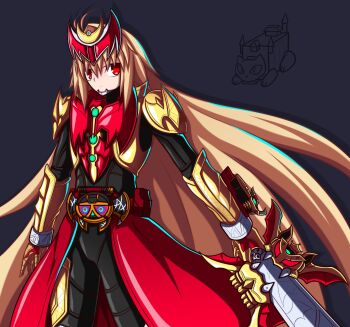 1girl absurdres antenna_hair archetype_earth arcueid_brunestud armor belt black_bodysuit blonde_hair bodysuit cape cosplay full_armor gauntlets gold_armor highres holding holding_sword holding_weapon kamen_rider kamen_rider_kiva kamen_rider_kiva_(cosplay) kamen_rider_kiva_(emperor_form) kamen_rider_kiva_(series) kivat_belt long_hair red_eyes rider_belt sakurello solo sword tokusatsu tsukihime weapon zanvat_sword