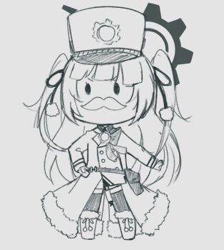 Rule 34 | 1girl, atsuyuki, blue archive, bow, bowtie, cherino (blue archive), chibi, chibi only, coat, commentary, english commentary, fake facial hair, fake mustache, greyscale, halo, hand on own hip, hat, highres, long hair, looking ahead, monochrome, sketch, standing, thighhighs, twintails, v-shaped eyebrows, very long hair