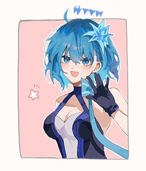 1girl bare_shoulders black_gloves blue_flower blush border breasts c.i.e.l_(fate) star_ciel_(fate) ciel_(tsukihime) cleavage commentary fate/grand_order fate_(series) flower gloves hair_between_eyes hair_flower hair_ornament highres k_7s looking_at_viewer medium_breasts open_mouth outside_border pink_background simple_background sleeveless smile solo star_(symbol) symbol-only_commentary tsukihime tsukihime_(remake) white_border