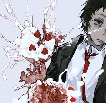 1boy adachi_tooru aji_(groongloon) black_eyes black_hair black_jacket cake dodging food fruit highres jacket male_focus necktie persona persona_4 red_necktie shirt short_hair small_pupils solo strawberry white_shirt