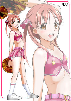 Rule 34 | 1girl, ahoge, brown eyes, crop top, full body, highres, holding, holding pom poms, isshiki momo, long hair, midriff, morisoba0710, multiple views, open mouth, panties, pink hair, pink shirt, pink skirt, pleated skirt, pom pom (cheerleading), pom poms, shirt, skirt, smile, teeth, twintails, underwear, upper body, upper teeth only, vividred operation, white panties, zoom layer