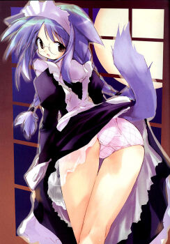 Rule 34 | 1girl, animal ears, ass, back, blue hair, braid, checkered clothes, checkered panties, dog ears, dog tail, dress, e=mc2 (mosimosi), female focus, from behind, full moon, glasses, grey eyes, lingerie, looking back, maid, moon, panties, pantyshot, petticoat, plaid clothes, plaid panties, purple panties, solo, standing, tail, thigh gap, thighs, twin braids, underwear, upskirt