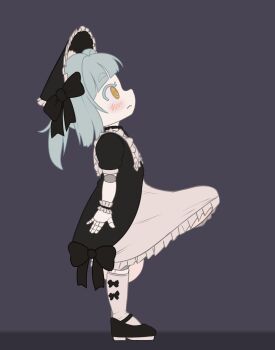 1futa absurdres brown_eyes bulge dress erection erection_under_clothes futanari grey_hair highres huge_penis huge_testicles maid penis riiya_(riiya932) robot robot_girl rori_poster's_oc shoes socks solo testicles