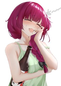 1girl :d ^_^ absurdres alcohol bare_shoulders bocchi_the_rock! bottle braid camisole closed_eyes commentary commission drunk fang green_camisole hair_over_shoulder hand_on_own_cheek hand_on_own_face highres hiroi_kikuri holding holding_bottle laughing long_hair mu_aii open_mouth pink_hair pixiv_commission sake sake_bottle saliva simple_background smile solo spaghetti_strap tearing_up upper_body white_background