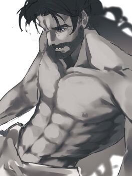 1boy abs beard facial_hair from_above highres long_hair male_focus mature_male muscular muscular_male nipples pectorals reverse:1999 shamane solo topless_male upper_body white_background wilson_(wilson1151487)